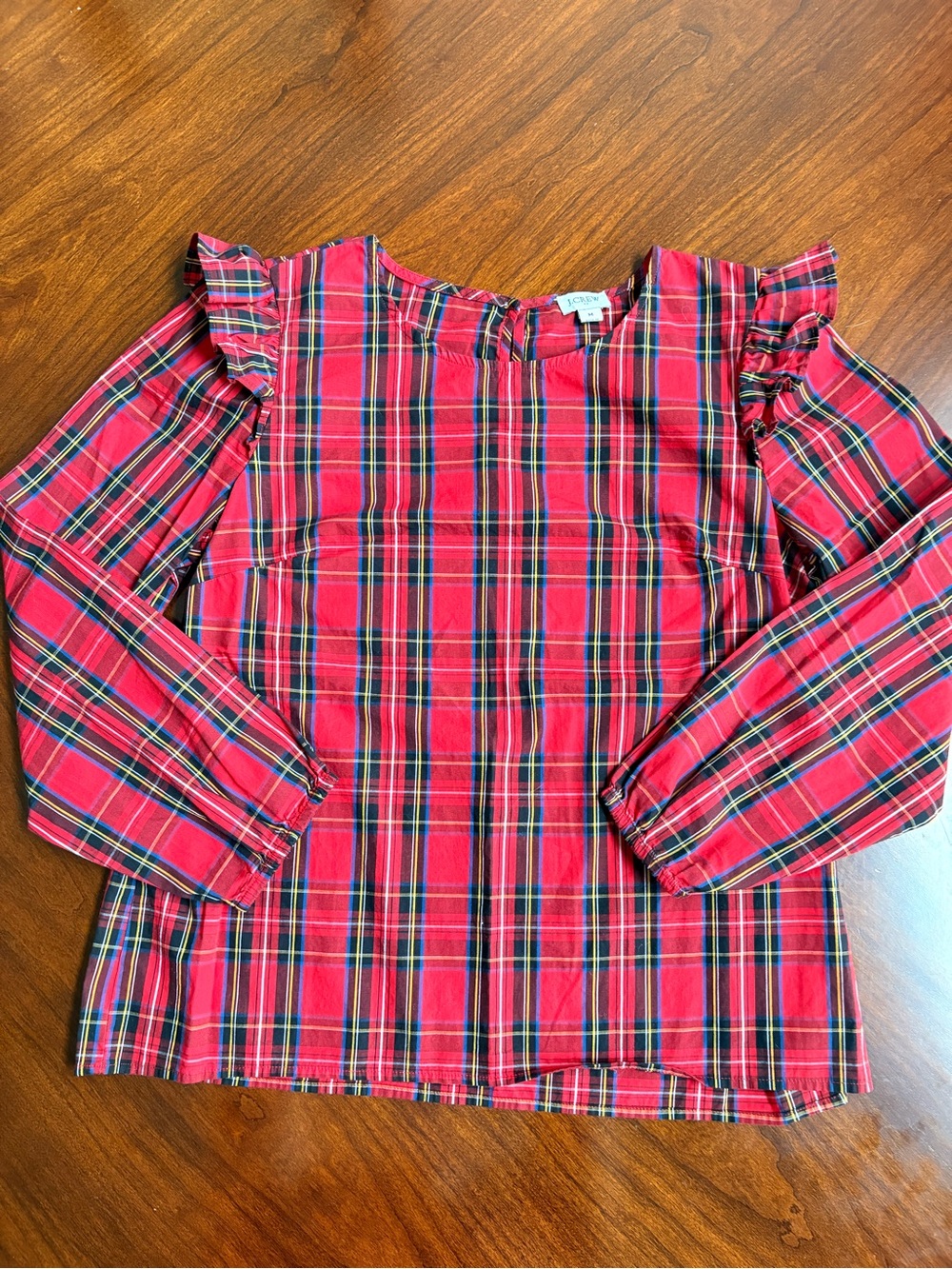 J. Crew Women’s Red Plaid Ruffle Shoulder Blouse Medium